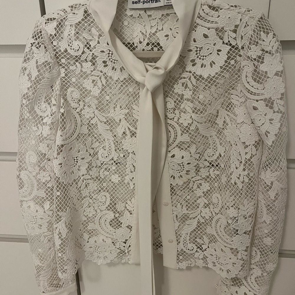Self-Portrait Ivory Lace Top with Neck Tie